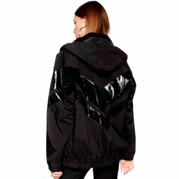 TOPSHOP Black Patent Windbreaker Coat Sherpa Lined Size Small - Picture 4 of 11